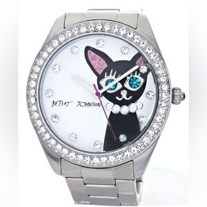 BETSEY JOHNSON WOMEN'S SILVER TONE BLACK CAT DIAL WATCH